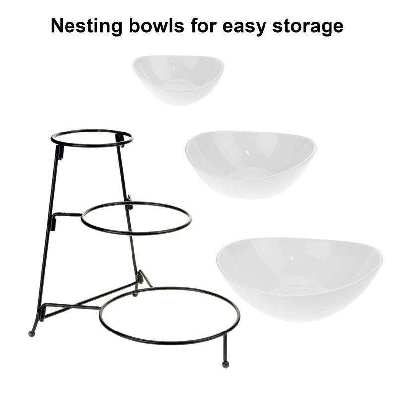 Roe & Moe 3 Tier Serving Stand Ceramic Bowl Set with Metal Rack, Tiered Bowls for Parties Candy Appetizer Dessert Fruit Cake Veggies Chips & Dip - Image 4